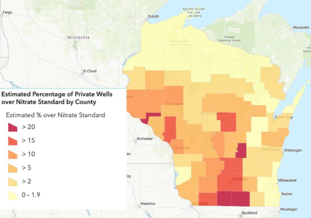 Map of places in Wisconsin where Nitrate levels are above the standard in private wells