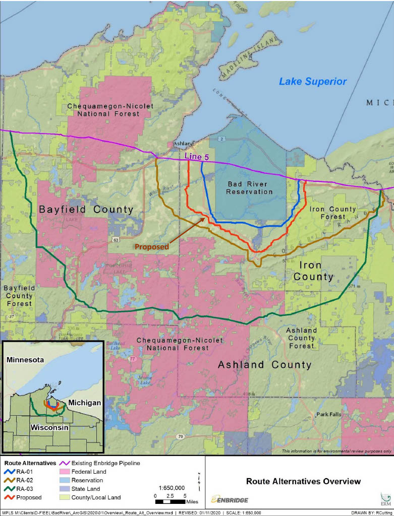 Map of Line 5 Pipeline route and alternative routes