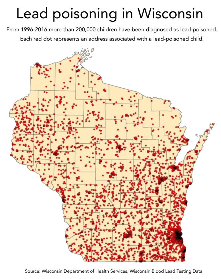 Map of lead poisonins in Wisconsin in 2017