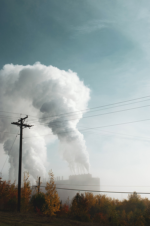 A tree line and telephone pole with a factory behind them that is billowing out smoke