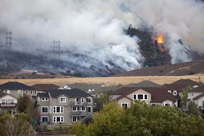 Pine trees and scrub oak burn behind homes at the Wadsworth Ridge fire outside Denver Colorado