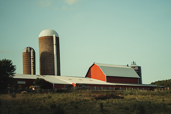 A barn with a few silos behind it next to a grassy field