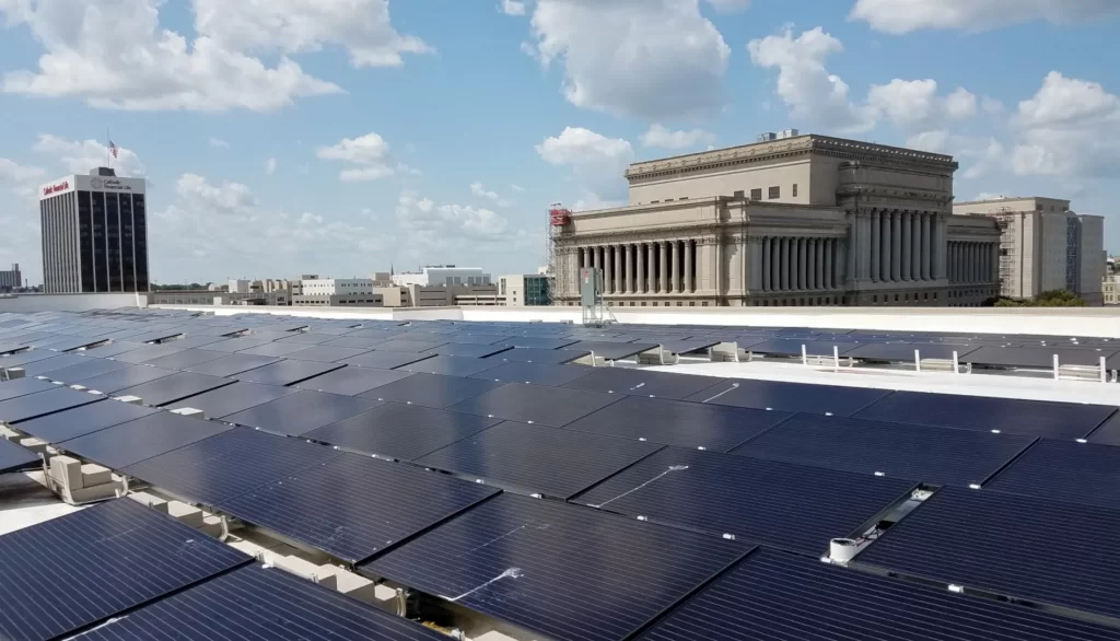 Solar panels on roof of Milwaukee's Central Library. Photo Credit: City of Milwaukee