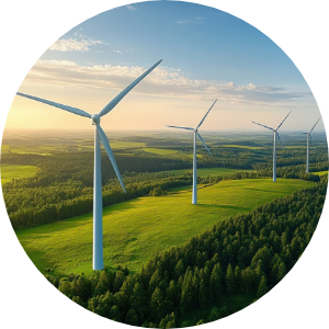 A field of wind turbines against a blue sky