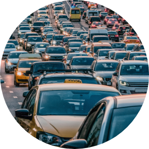 Traffic jam on the highway with many commuting vehicles