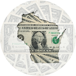 A pile of dollars with the wisconsin state outline overlay