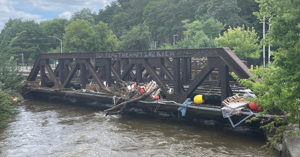Debris on a bridge over the Menomonee River in Wauwatosa after the severe floods of August 9-10, 2025